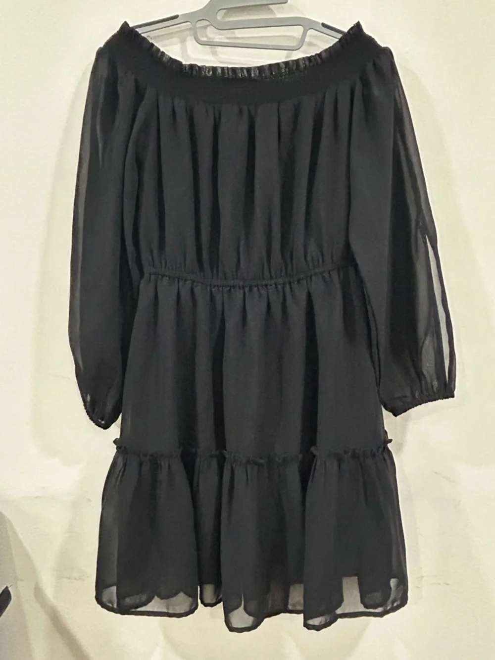 Off-Shoulder Black Long-Sleeve Chiffon Dress - Picture 2 of 4